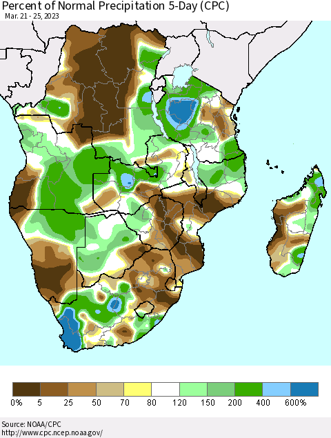 Southern Africa Percent of Normal Precipitation 5-Day (CPC) Thematic Map For 3/21/2023 - 3/25/2023