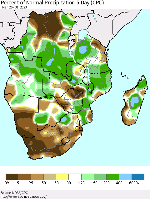 Southern Africa Percent of Normal Precipitation 5-Day (CPC) Thematic Map For 3/26/2023 - 3/31/2023