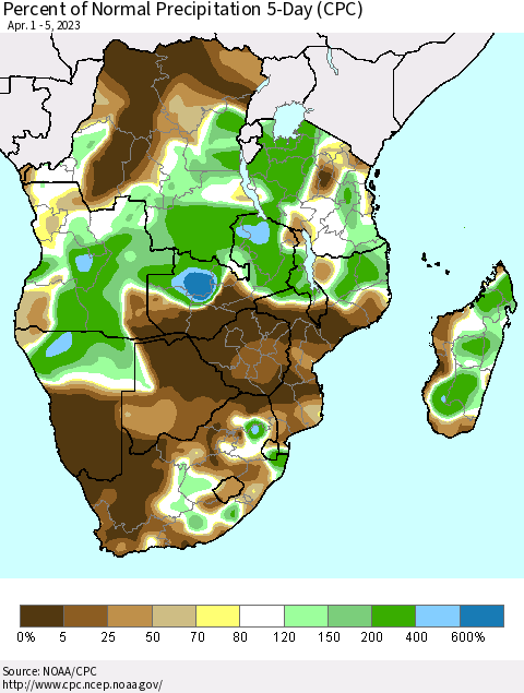 Southern Africa Percent of Normal Precipitation 5-Day (CPC) Thematic Map For 4/1/2023 - 4/5/2023