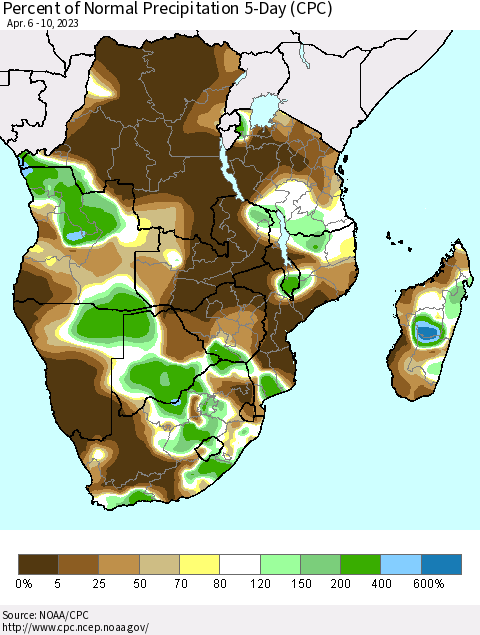 Southern Africa Percent of Normal Precipitation 5-Day (CPC) Thematic Map For 4/6/2023 - 4/10/2023