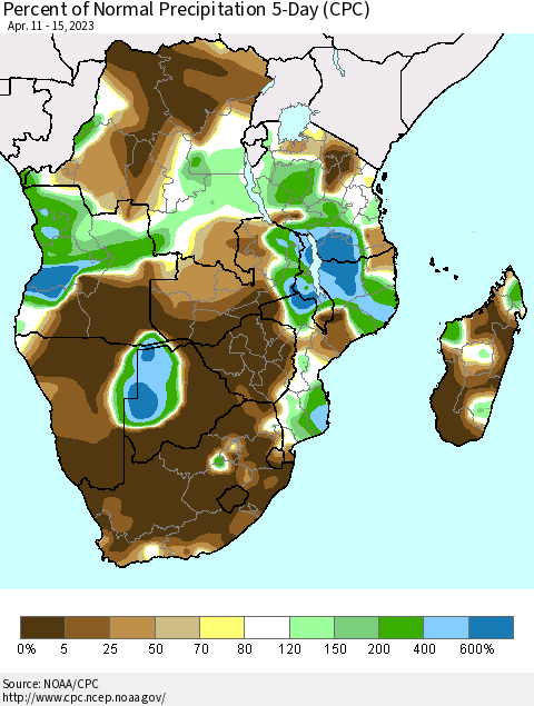 Southern Africa Percent of Normal Precipitation 5-Day (CPC) Thematic Map For 4/11/2023 - 4/15/2023
