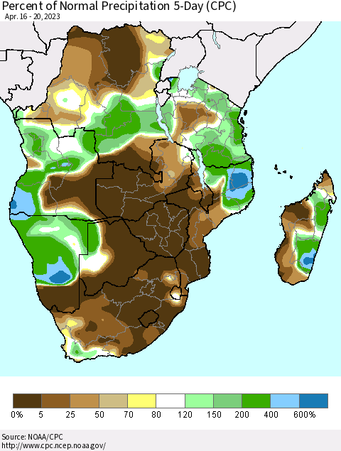 Southern Africa Percent of Normal Precipitation 5-Day (CPC) Thematic Map For 4/16/2023 - 4/20/2023
