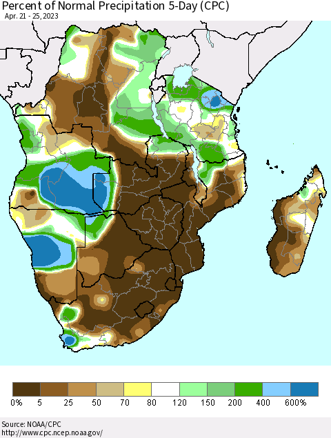 Southern Africa Percent of Normal Precipitation 5-Day (CPC) Thematic Map For 4/21/2023 - 4/25/2023