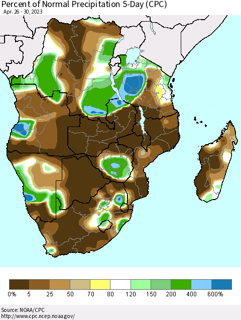 Southern Africa Percent of Normal Precipitation 5-Day (CPC) Thematic Map For 4/26/2023 - 4/30/2023