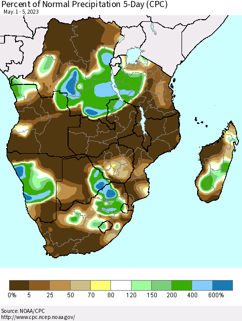 Southern Africa Percent of Normal Precipitation 5-Day (CPC) Thematic Map For 5/1/2023 - 5/5/2023