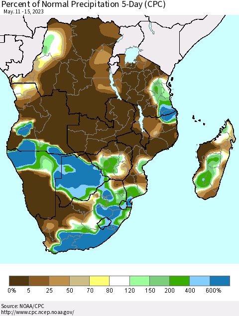 Southern Africa Percent of Normal Precipitation 5-Day (CPC) Thematic Map For 5/11/2023 - 5/15/2023