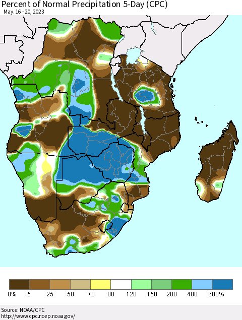 Southern Africa Percent of Normal Precipitation 5-Day (CPC) Thematic Map For 5/16/2023 - 5/20/2023