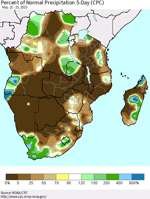 Southern Africa Percent of Normal Precipitation 5-Day (CPC) Thematic Map For 5/21/2023 - 5/25/2023