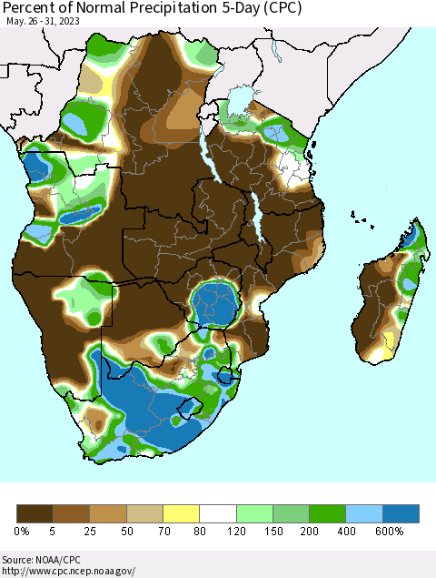 Southern Africa Percent of Normal Precipitation 5-Day (CPC) Thematic Map For 5/26/2023 - 5/31/2023