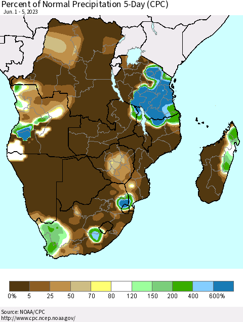 Southern Africa Percent of Normal Precipitation 5-Day (CPC) Thematic Map For 6/1/2023 - 6/5/2023