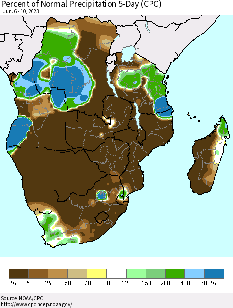 Southern Africa Percent of Normal Precipitation 5-Day (CPC) Thematic Map For 6/6/2023 - 6/10/2023