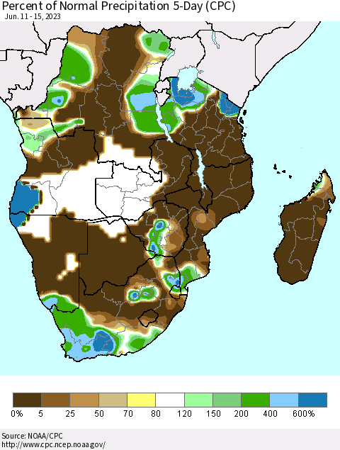 Southern Africa Percent of Normal Precipitation 5-Day (CPC) Thematic Map For 6/11/2023 - 6/15/2023