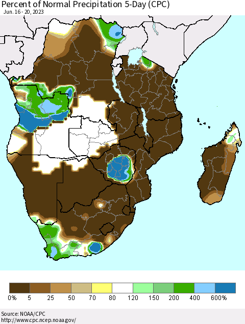 Southern Africa Percent of Normal Precipitation 5-Day (CPC) Thematic Map For 6/16/2023 - 6/20/2023