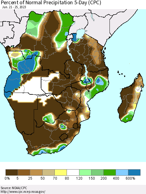 Southern Africa Percent of Normal Precipitation 5-Day (CPC) Thematic Map For 6/21/2023 - 6/25/2023