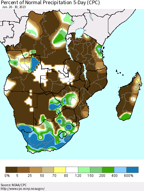 Southern Africa Percent of Normal Precipitation 5-Day (CPC) Thematic Map For 6/26/2023 - 6/30/2023