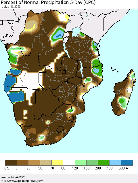 Southern Africa Percent of Normal Precipitation 5-Day (CPC) Thematic Map For 7/1/2023 - 7/5/2023