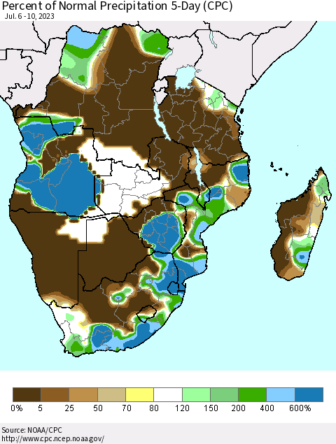 Southern Africa Percent of Normal Precipitation 5-Day (CPC) Thematic Map For 7/6/2023 - 7/10/2023
