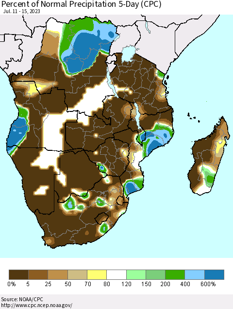 Southern Africa Percent of Normal Precipitation 5-Day (CPC) Thematic Map For 7/11/2023 - 7/15/2023