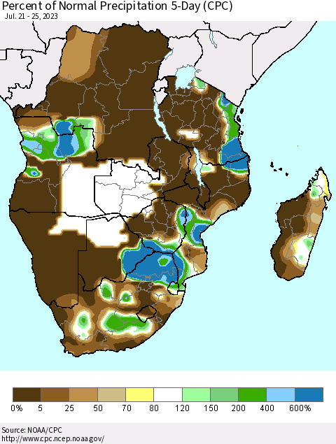 Southern Africa Percent of Normal Precipitation 5-Day (CPC) Thematic Map For 7/21/2023 - 7/25/2023