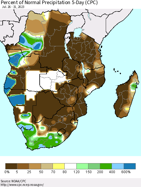 Southern Africa Percent of Normal Precipitation 5-Day (CPC) Thematic Map For 7/26/2023 - 7/31/2023