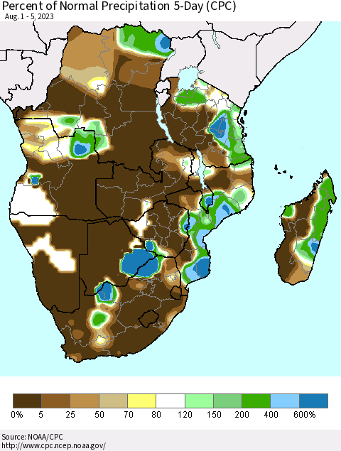 Southern Africa Percent of Normal Precipitation 5-Day (CPC) Thematic Map For 8/1/2023 - 8/5/2023
