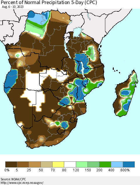 Southern Africa Percent of Normal Precipitation 5-Day (CPC) Thematic Map For 8/6/2023 - 8/10/2023