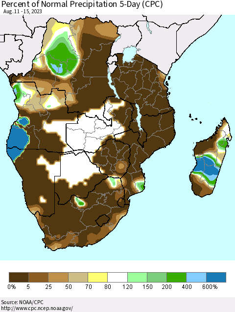 Southern Africa Percent of Normal Precipitation 5-Day (CPC) Thematic Map For 8/11/2023 - 8/15/2023