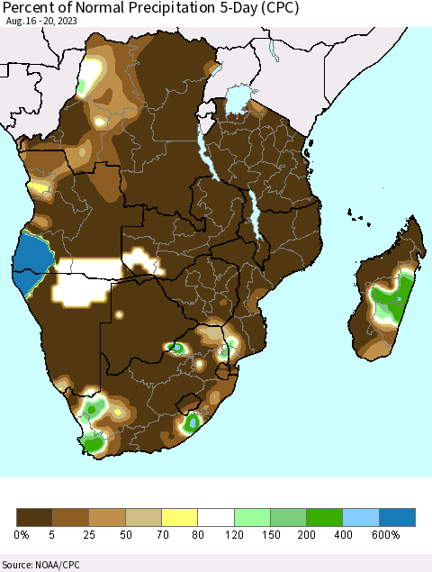 Southern Africa Percent of Normal Precipitation 5-Day (CPC) Thematic Map For 8/16/2023 - 8/20/2023