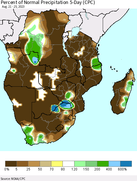 Southern Africa Percent of Normal Precipitation 5-Day (CPC) Thematic Map For 8/21/2023 - 8/25/2023