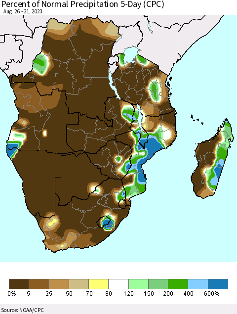 Southern Africa Percent of Normal Precipitation 5-Day (CPC) Thematic Map For 8/26/2023 - 8/31/2023
