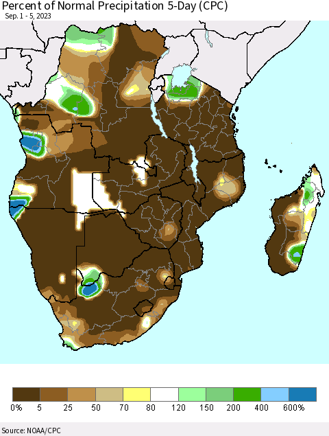 Southern Africa Percent of Normal Precipitation 5-Day (CPC) Thematic Map For 9/1/2023 - 9/5/2023