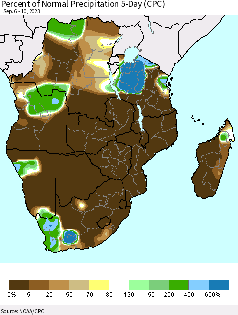 Southern Africa Percent of Normal Precipitation 5-Day (CPC) Thematic Map For 9/6/2023 - 9/10/2023