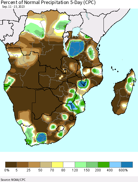 Southern Africa Percent of Normal Precipitation 5-Day (CPC) Thematic Map For 9/11/2023 - 9/15/2023