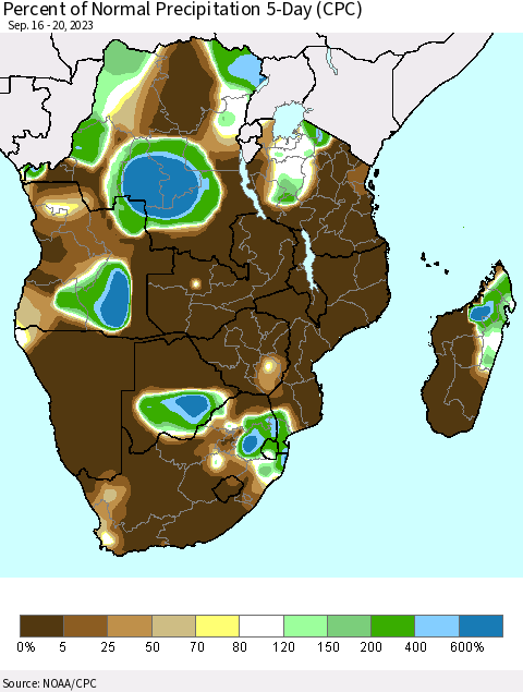Southern Africa Percent of Normal Precipitation 5-Day (CPC) Thematic Map For 9/16/2023 - 9/20/2023