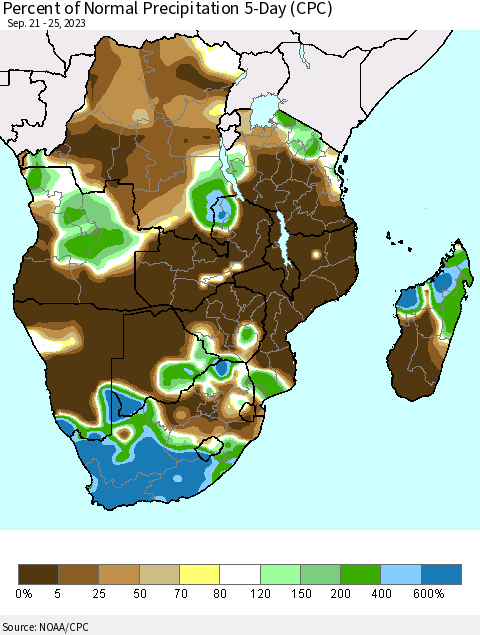 Southern Africa Percent of Normal Precipitation 5-Day (CPC) Thematic Map For 9/21/2023 - 9/25/2023