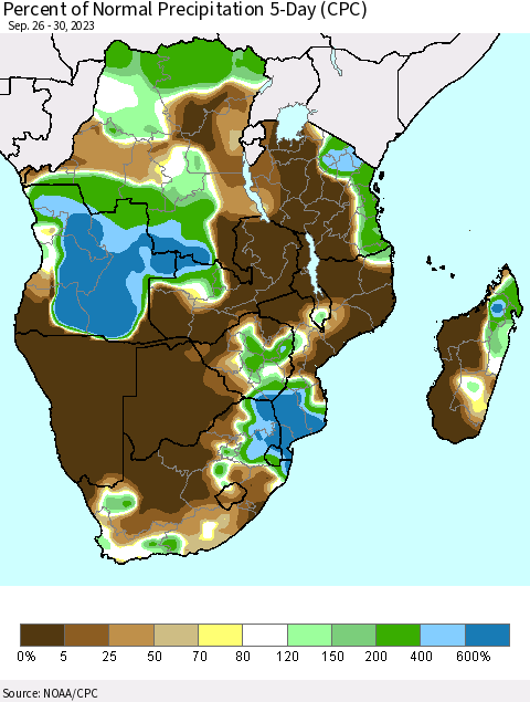 Southern Africa Percent of Normal Precipitation 5-Day (CPC) Thematic Map For 9/26/2023 - 9/30/2023