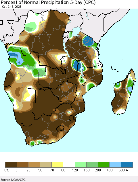 Southern Africa Percent of Normal Precipitation 5-Day (CPC) Thematic Map For 10/1/2023 - 10/5/2023