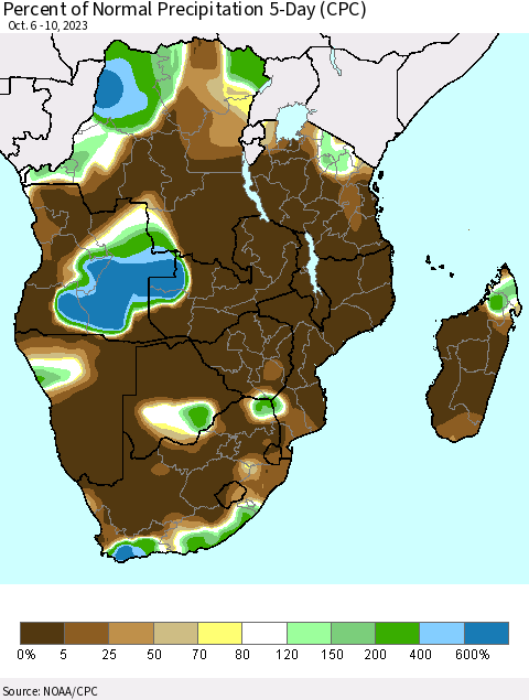 Southern Africa Percent of Normal Precipitation 5-Day (CPC) Thematic Map For 10/6/2023 - 10/10/2023