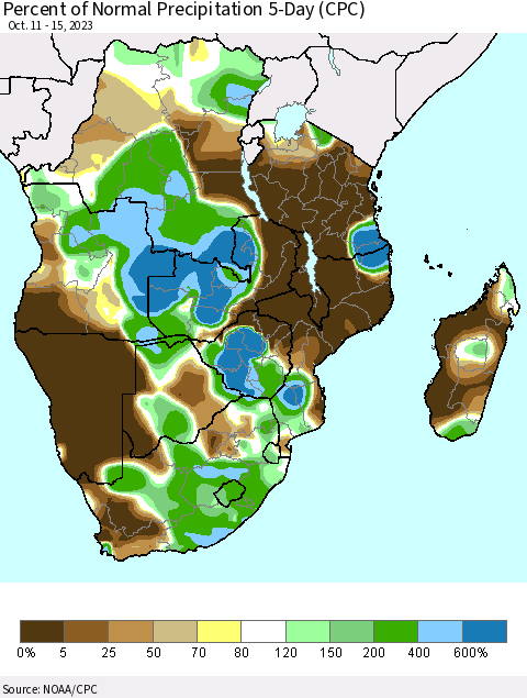 Southern Africa Percent of Normal Precipitation 5-Day (CPC) Thematic Map For 10/11/2023 - 10/15/2023