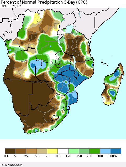 Southern Africa Percent of Normal Precipitation 5-Day (CPC) Thematic Map For 10/16/2023 - 10/20/2023