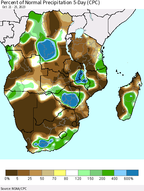 Southern Africa Percent of Normal Precipitation 5-Day (CPC) Thematic Map For 10/21/2023 - 10/25/2023