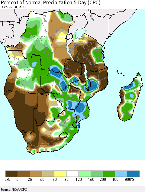 Southern Africa Percent of Normal Precipitation 5-Day (CPC) Thematic Map For 10/26/2023 - 10/31/2023