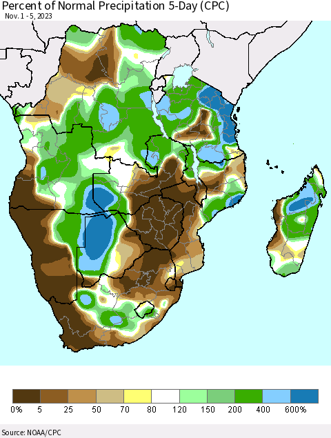 Southern Africa Percent of Normal Precipitation 5-Day (CPC) Thematic Map For 11/1/2023 - 11/5/2023