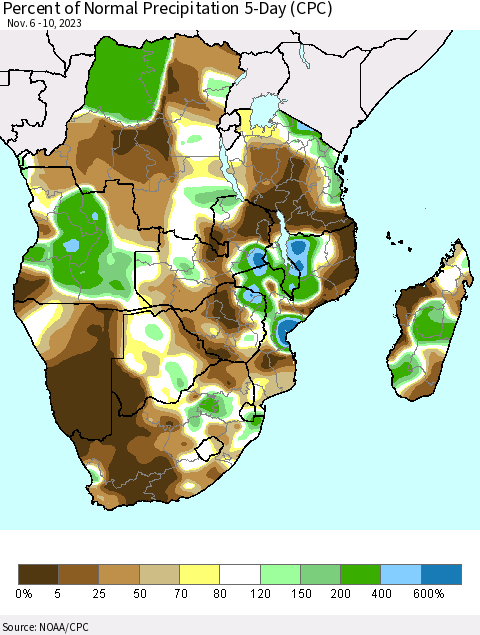 Southern Africa Percent of Normal Precipitation 5-Day (CPC) Thematic Map For 11/6/2023 - 11/10/2023