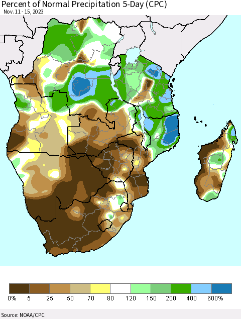 Southern Africa Percent of Normal Precipitation 5-Day (CPC) Thematic Map For 11/11/2023 - 11/15/2023