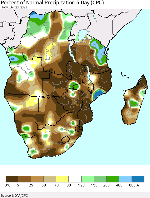 Southern Africa Percent of Normal Precipitation 5-Day (CPC) Thematic Map For 11/16/2023 - 11/20/2023