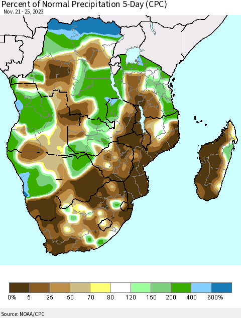 Southern Africa Percent of Normal Precipitation 5-Day (CPC) Thematic Map For 11/21/2023 - 11/25/2023
