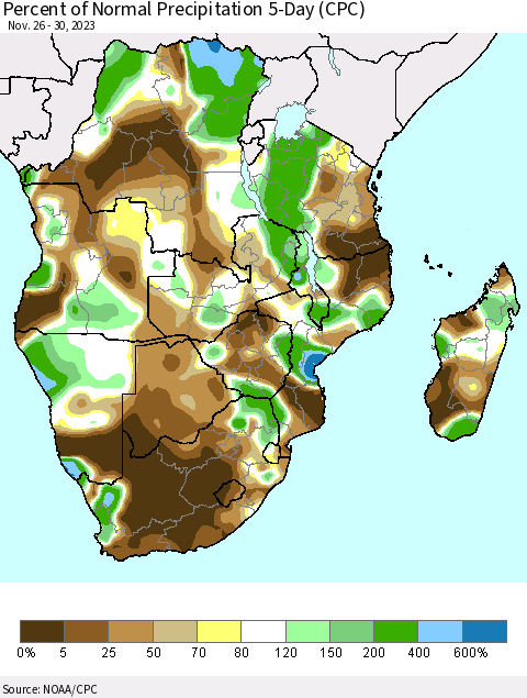 Southern Africa Percent of Normal Precipitation 5-Day (CPC) Thematic Map For 11/26/2023 - 11/30/2023