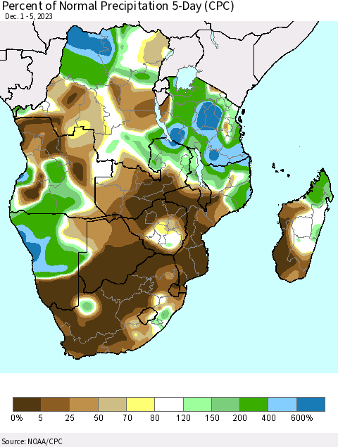 Southern Africa Percent of Normal Precipitation 5-Day (CPC) Thematic Map For 12/1/2023 - 12/5/2023
