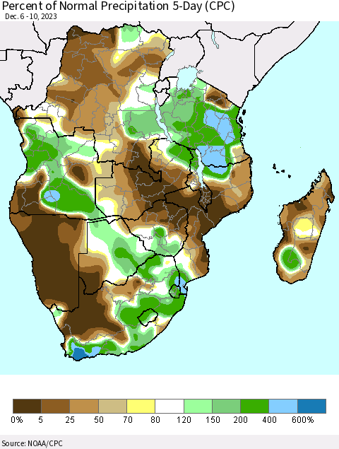 Southern Africa Percent of Normal Precipitation 5-Day (CPC) Thematic Map For 12/6/2023 - 12/10/2023